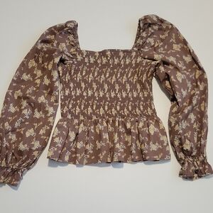 Brown Floral 100% Cotton Puff Sleeve Stretchy Boho Blouse